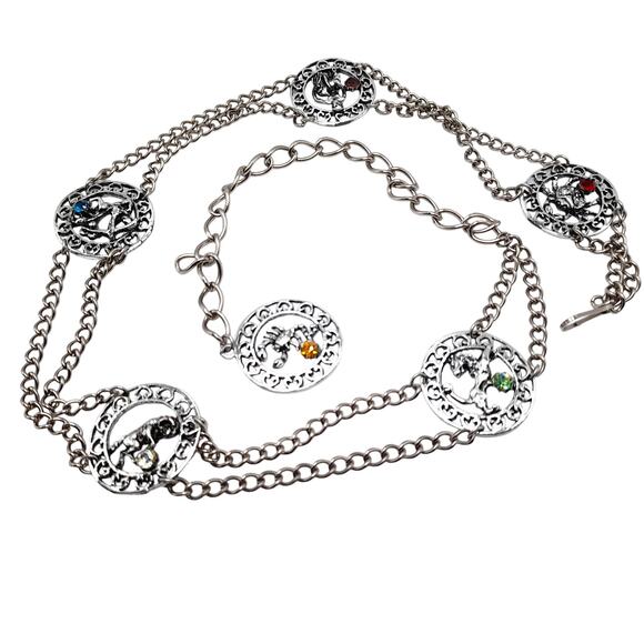 Vintage Zodiac Rhinestone Belt, Six Signs, 40 Inches, Silver Tone - Picture 1 of 10